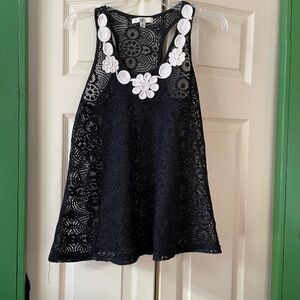 Black Lace Tank Top with White Floral Accents
